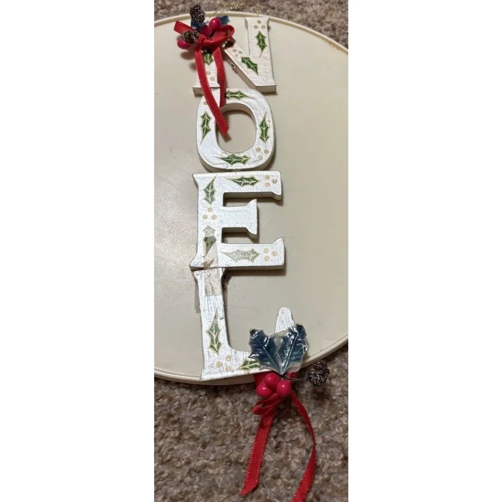 Large Wood NOEL Christmas Ornament 10” Hanging Holiday Decor Holly Berries